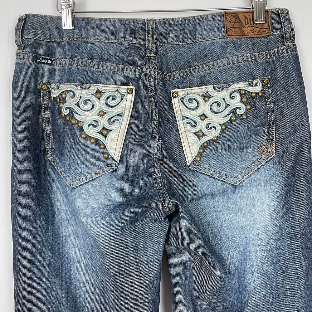 Adiktd Embellished Pockets Flare Leg Mid Rise Studded Country Dark Wash Jeans - Picture 3 of 8
